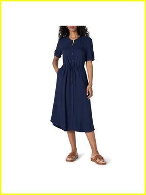 Relaxed Fit Half-Sleeve Button Front Midi A-Line Dress with Pockets